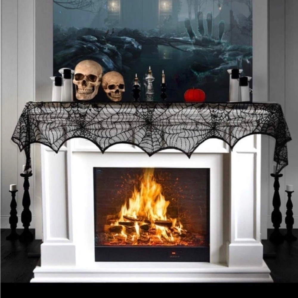 Halloween Decor Set Black Lace Spiderweb Mantle Cover/Scarf, Skulls & Pumpkins